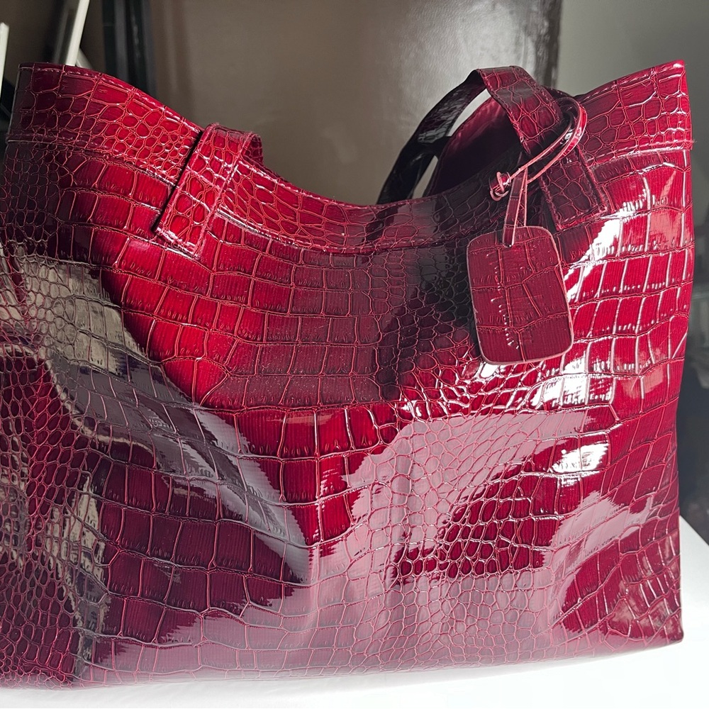 Neiman Marcus Glossy Red Crocodile-Embossed Tote